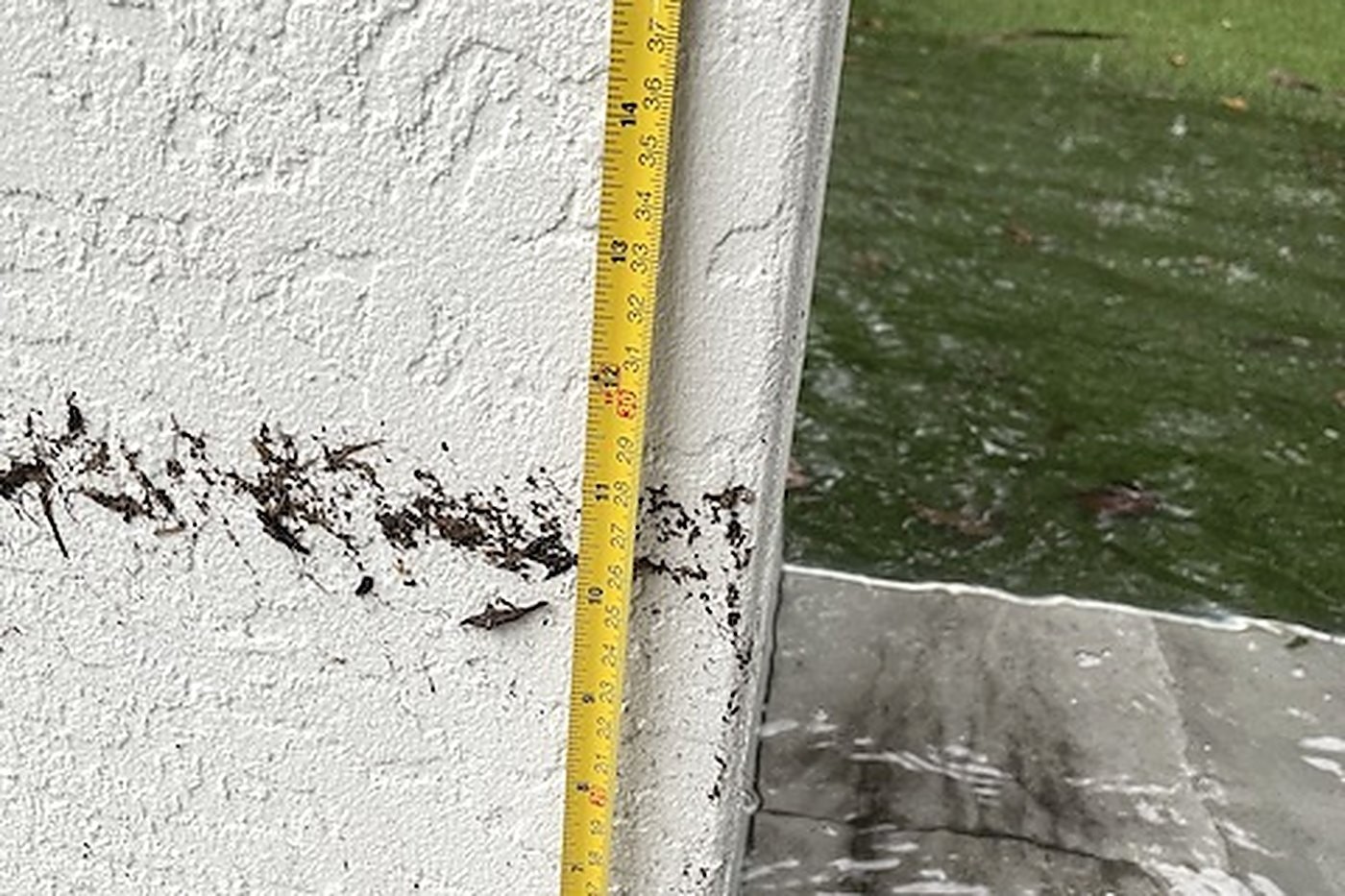 A tape measure held against an exterior wall showing the height of a flood water line, with debris still caught along it.